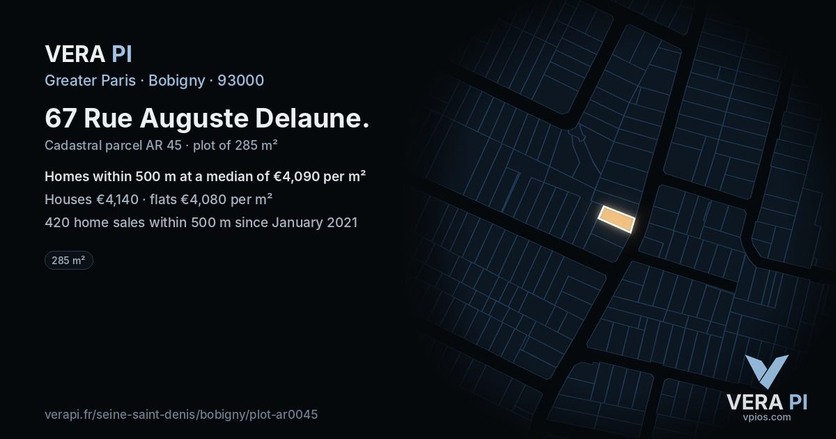 67 Rue Auguste Delaune, Bobigny at night – the plot lit, the parcels around coloured by the prices near them
