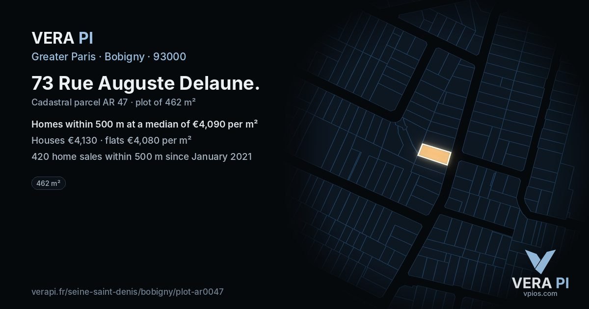 73 Rue Auguste Delaune, Bobigny at night – the plot lit, the parcels around coloured by the prices near them