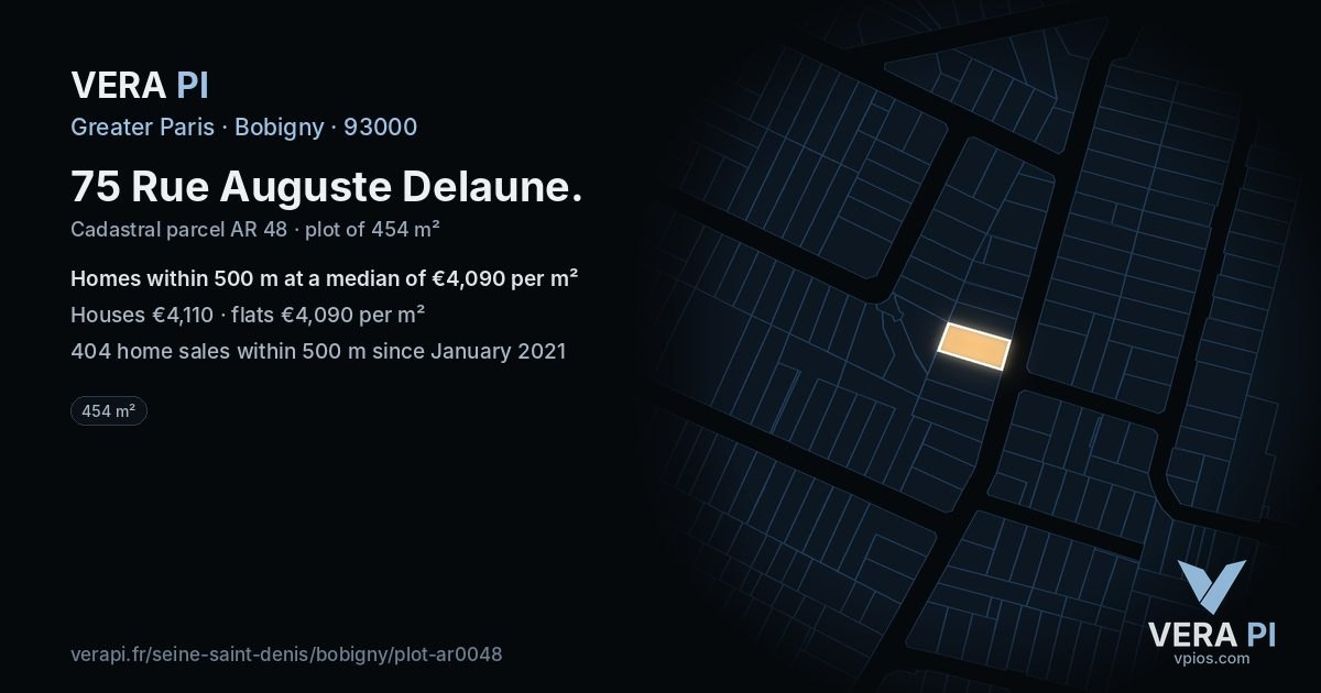 75 Rue Auguste Delaune, Bobigny at night – the plot lit, the parcels around coloured by the prices near them