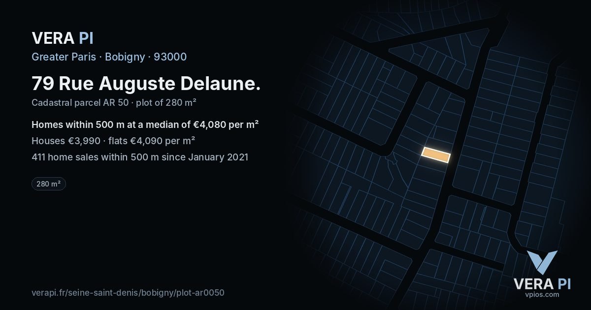 79 Rue Auguste Delaune, Bobigny at night – the plot lit, the parcels around coloured by the prices near them