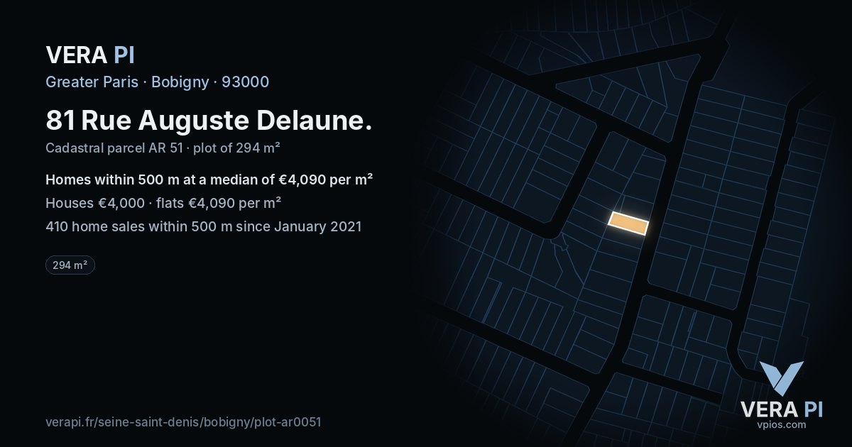81 Rue Auguste Delaune, Bobigny at night – the plot lit, the parcels around coloured by the prices near them