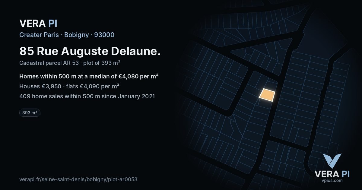 85 Rue Auguste Delaune, Bobigny at night – the plot lit, the parcels around coloured by the prices near them