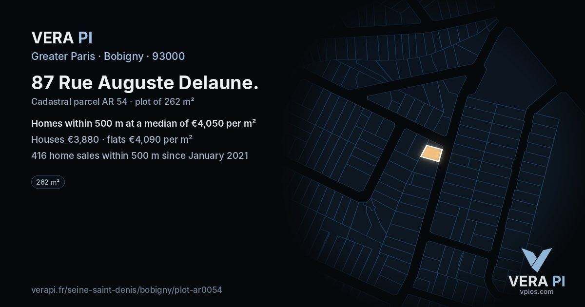87 Rue Auguste Delaune, Bobigny at night – the plot lit, the parcels around coloured by the prices near them