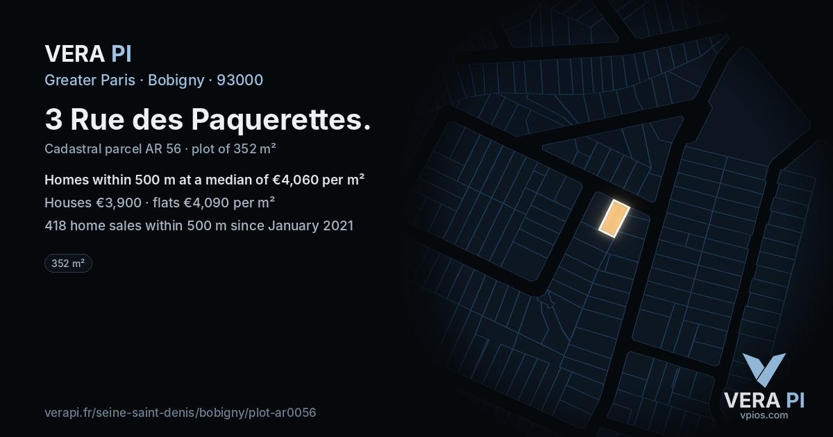 3 Rue des Paquerettes, Bobigny at night – the plot lit, the parcels around coloured by the prices near them
