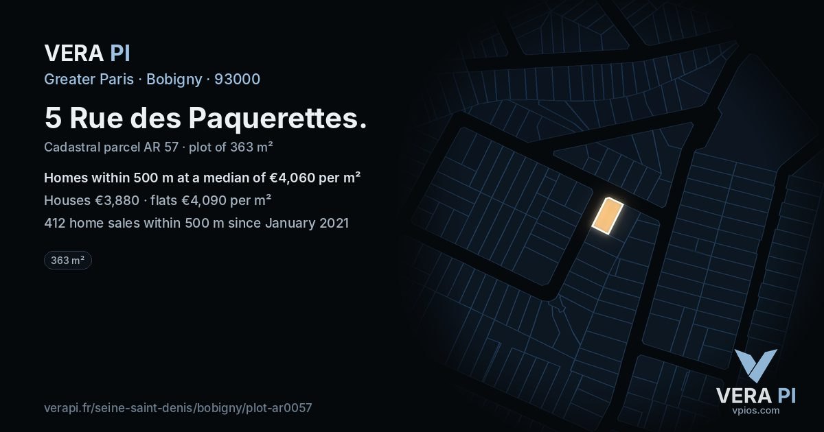 5 Rue des Paquerettes, Bobigny at night – the plot lit, the parcels around coloured by the prices near them