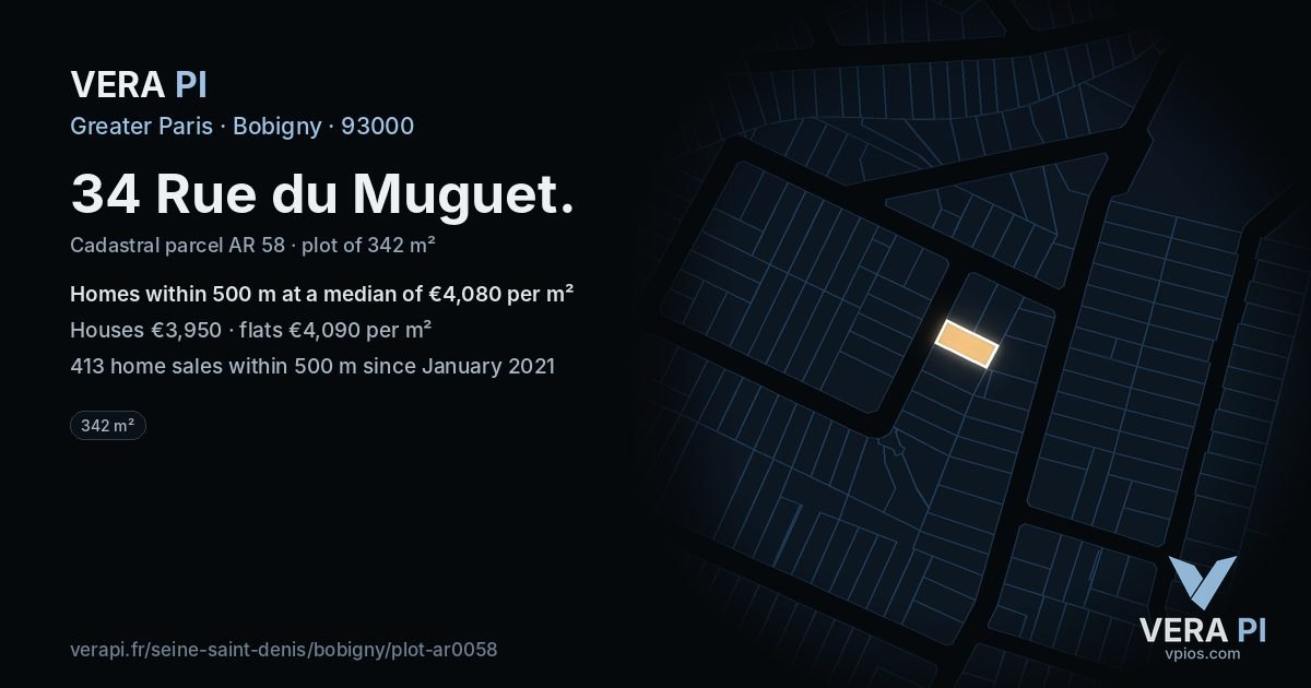 34 Rue du Muguet, Bobigny at night – the plot lit, the parcels around coloured by the prices near them