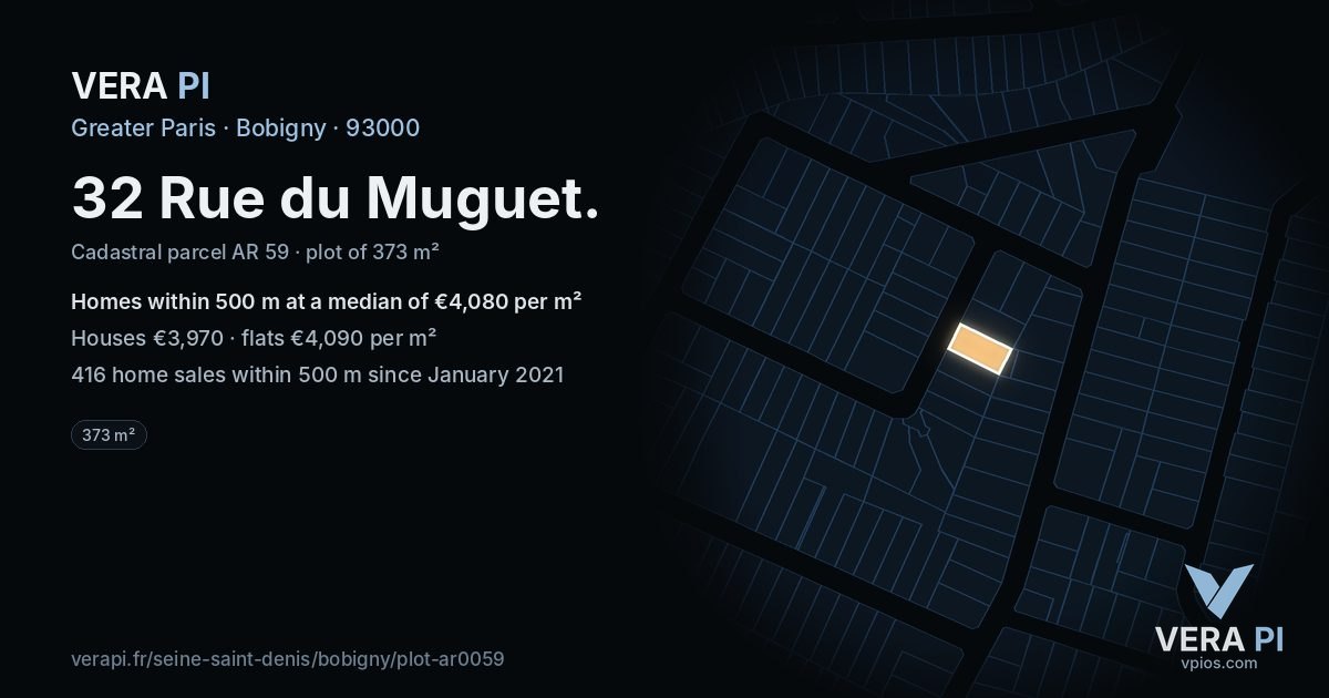 32 Rue du Muguet, Bobigny at night – the plot lit, the parcels around coloured by the prices near them