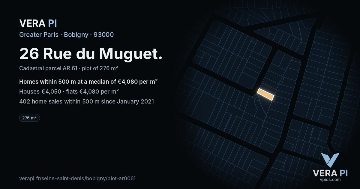 26 Rue du Muguet, Bobigny at night – the plot lit, the parcels around coloured by the prices near them