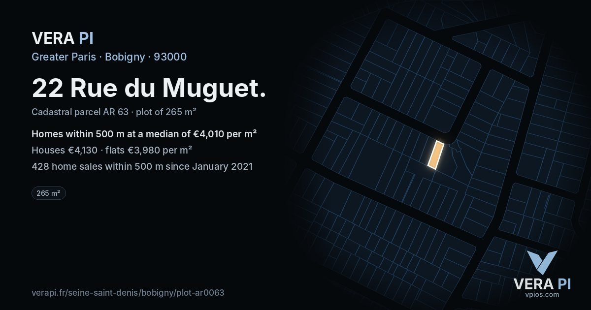 22 Rue du Muguet, Bobigny at night – the plot lit, the parcels around coloured by the prices near them