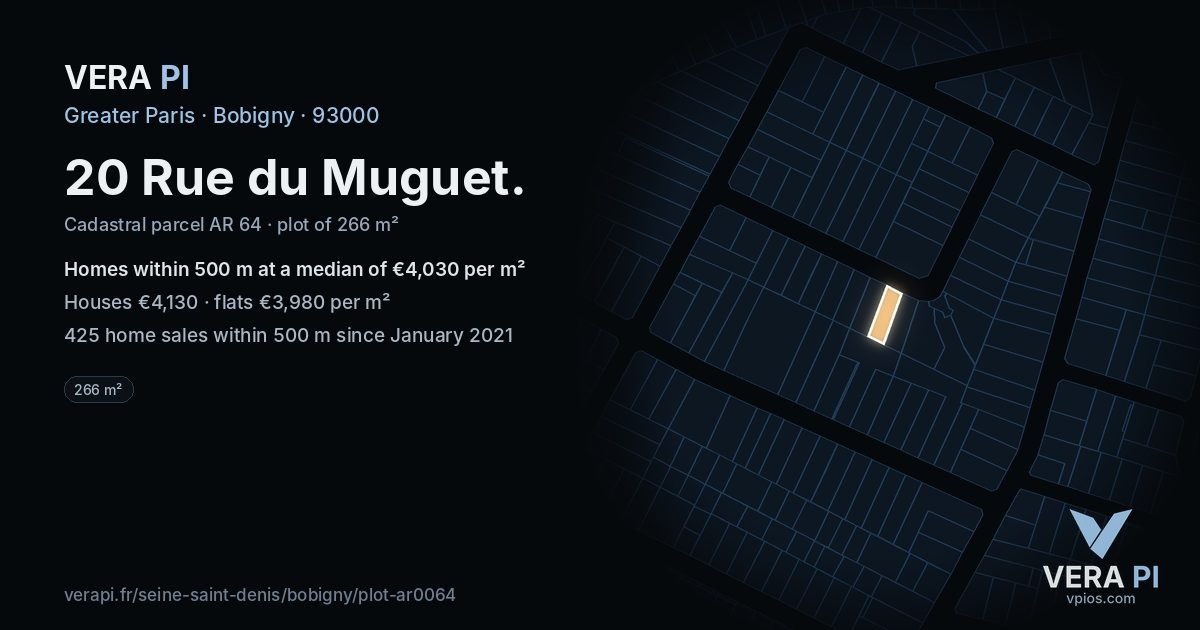 20 Rue du Muguet, Bobigny at night – the plot lit, the parcels around coloured by the prices near them