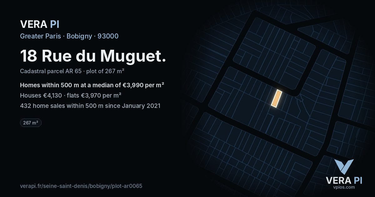 18 Rue du Muguet, Bobigny at night – the plot lit, the parcels around coloured by the prices near them