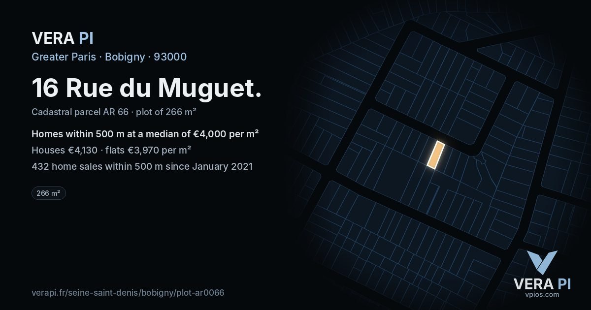 16 Rue du Muguet, Bobigny at night – the plot lit, the parcels around coloured by the prices near them