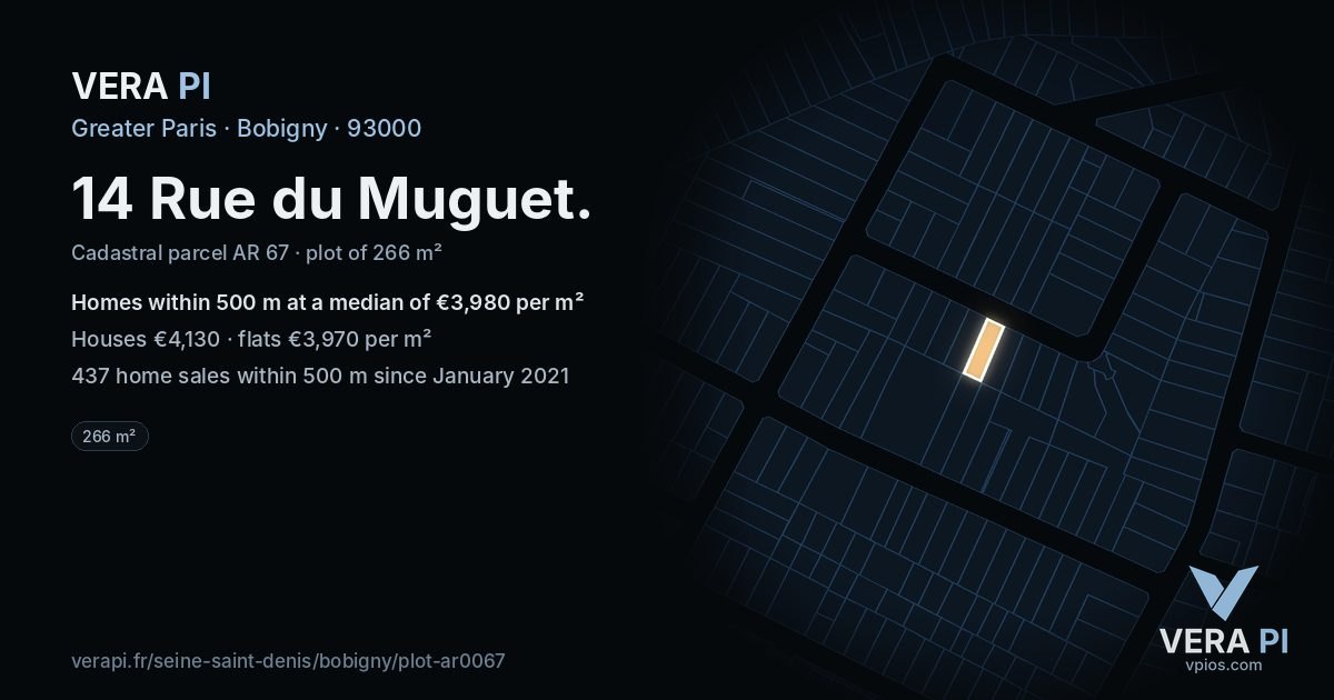 14 Rue du Muguet, Bobigny at night – the plot lit, the parcels around coloured by the prices near them
