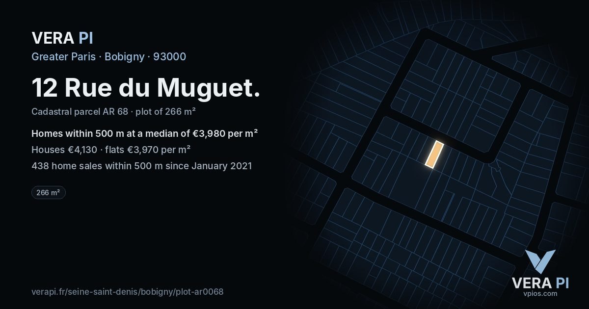 12 Rue du Muguet, Bobigny at night – the plot lit, the parcels around coloured by the prices near them