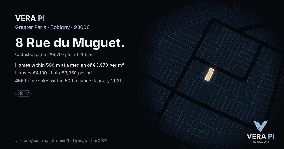 8 Rue du Muguet, Bobigny at night – the plot lit, the parcels around coloured by the prices near them