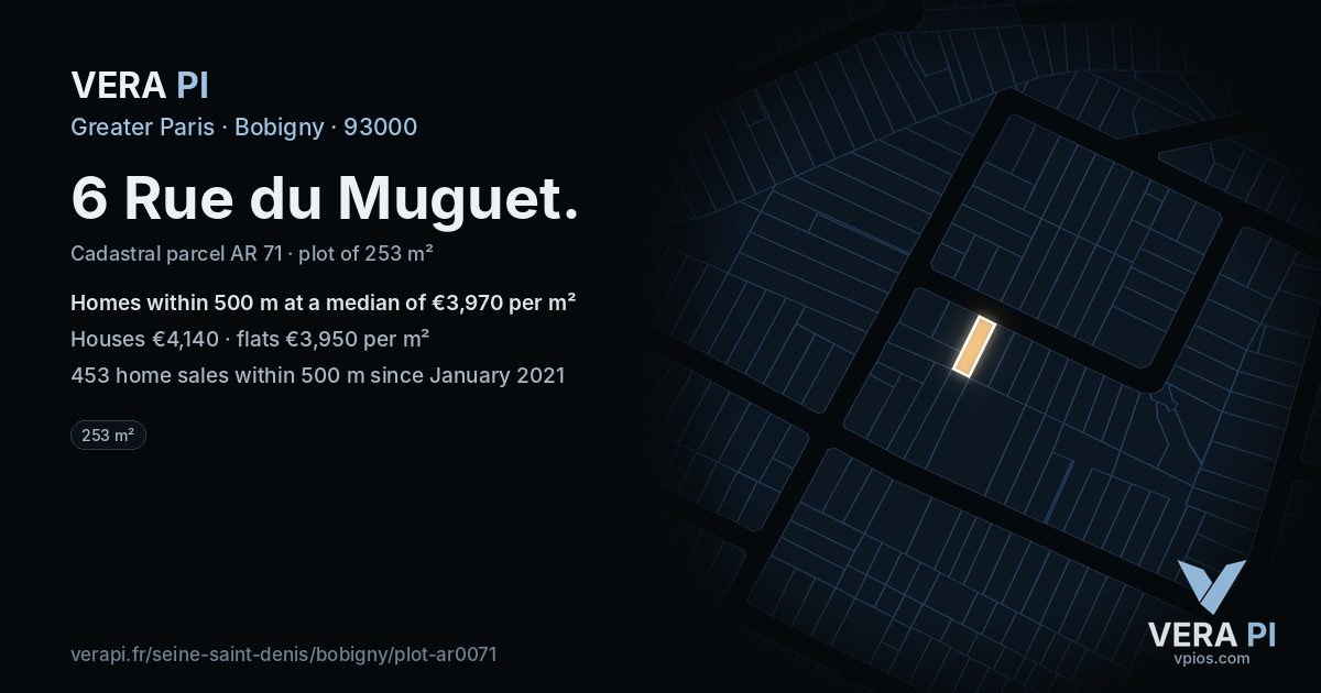 6 Rue du Muguet, Bobigny at night – the plot lit, the parcels around coloured by the prices near them