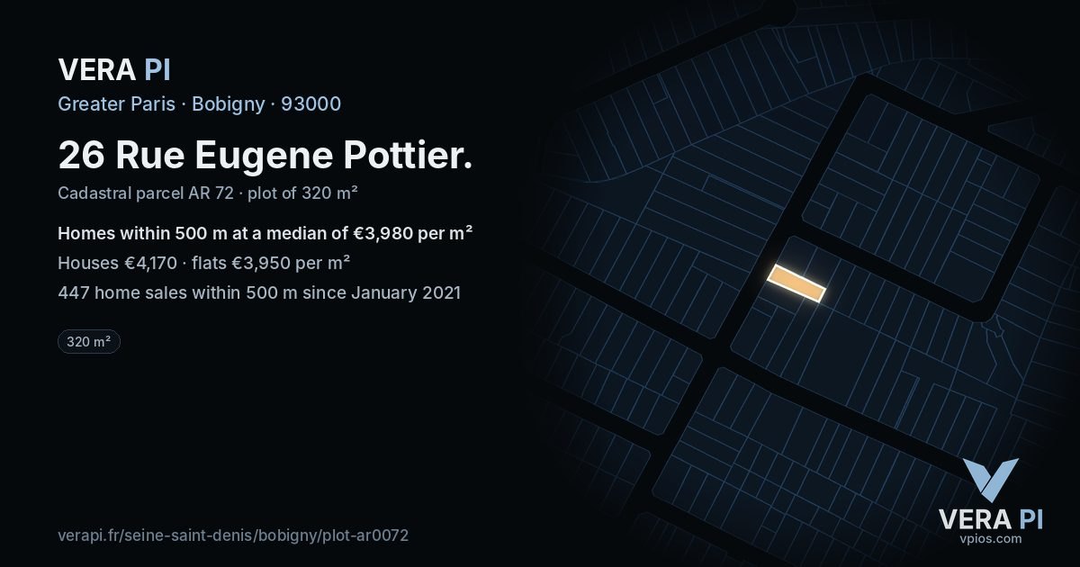 26 Rue Eugene Pottier, Bobigny at night – the plot lit, the parcels around coloured by the prices near them