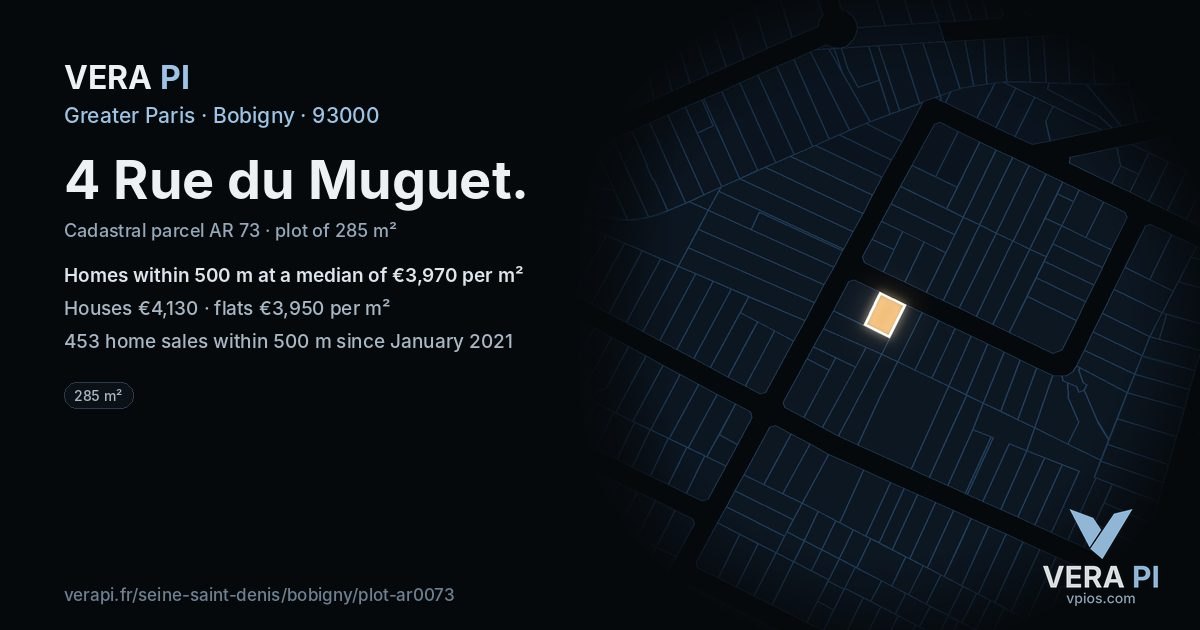 4 Rue du Muguet, Bobigny at night – the plot lit, the parcels around coloured by the prices near them
