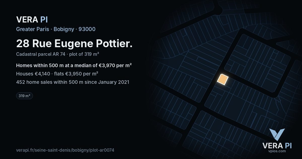 28 Rue Eugene Pottier, Bobigny at night – the plot lit, the parcels around coloured by the prices near them