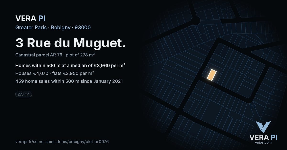 3 Rue du Muguet, Bobigny at night – the plot lit, the parcels around coloured by the prices near them