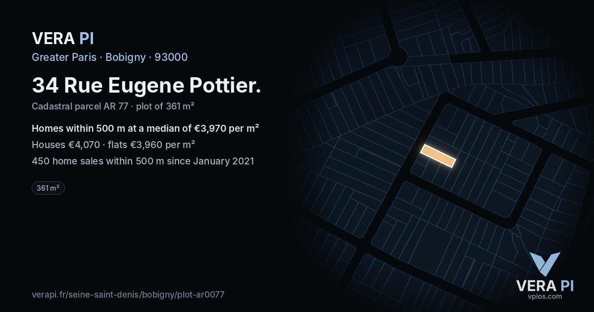 34 Rue Eugene Pottier, Bobigny at night – the plot lit, the parcels around coloured by the prices near them