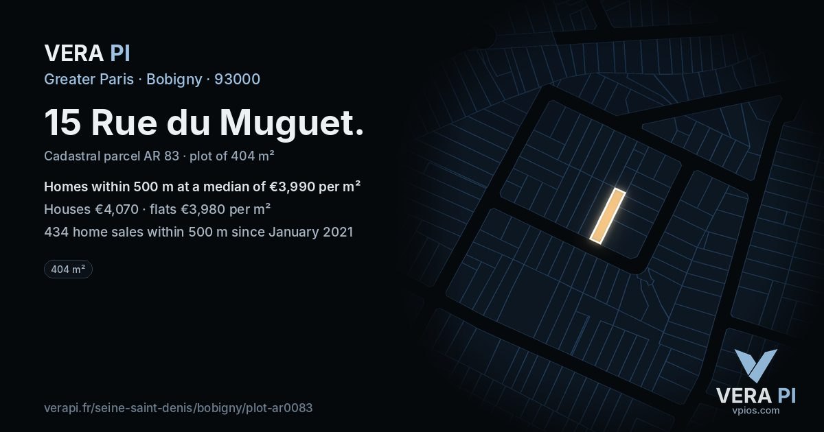 15 Rue du Muguet, Bobigny at night – the plot lit, the parcels around coloured by the prices near them