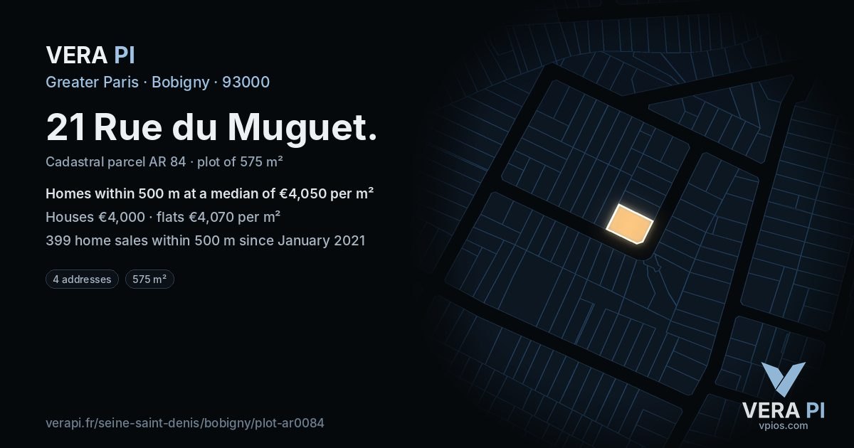 21 Rue du Muguet, Bobigny at night – the plot lit, the parcels around coloured by the prices near them