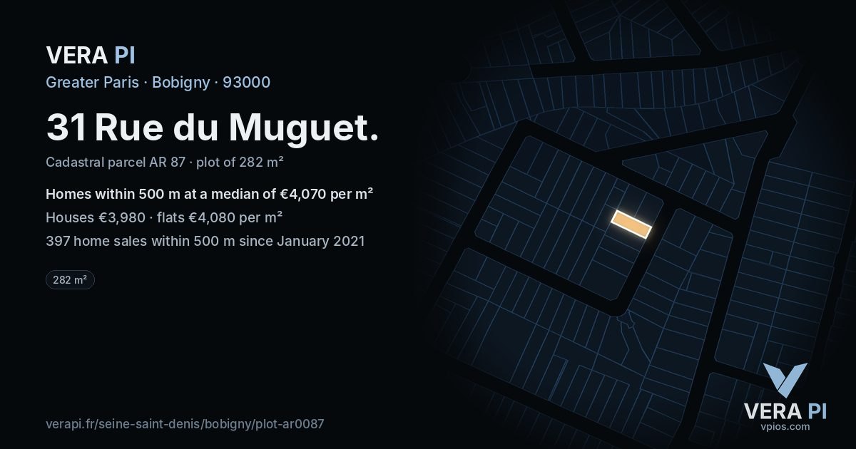 31 Rue du Muguet, Bobigny at night – the plot lit, the parcels around coloured by the prices near them
