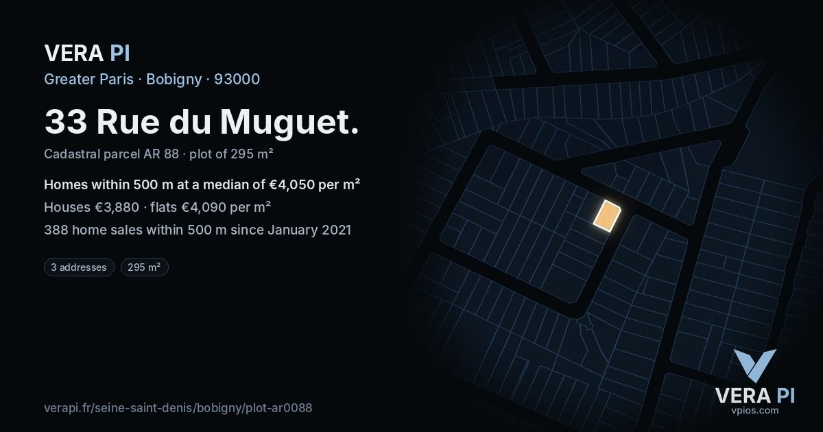 33 Rue du Muguet, Bobigny at night – the plot lit, the parcels around coloured by the prices near them