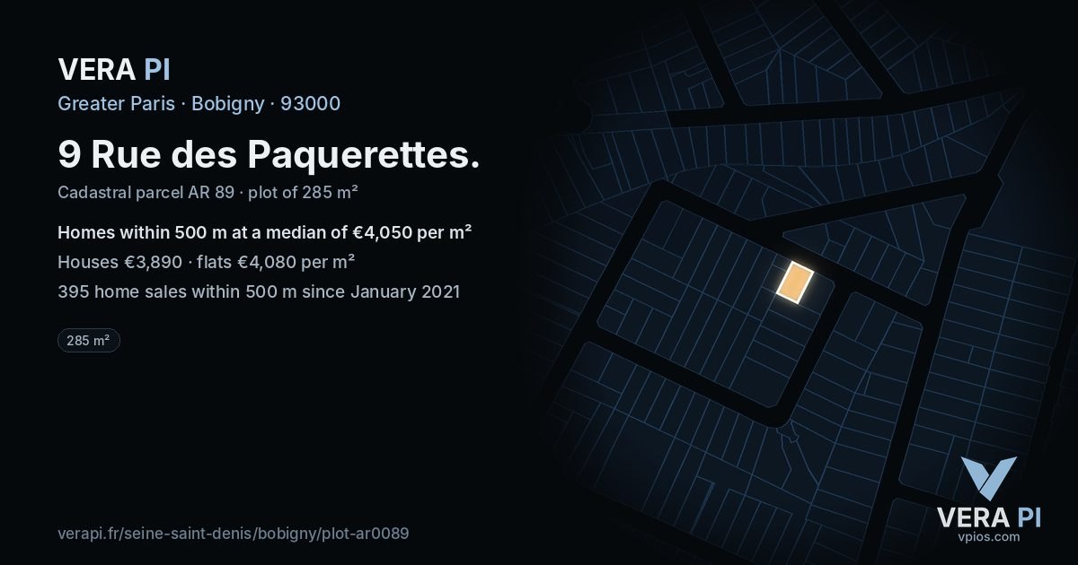 9 Rue des Paquerettes, Bobigny at night – the plot lit, the parcels around coloured by the prices near them