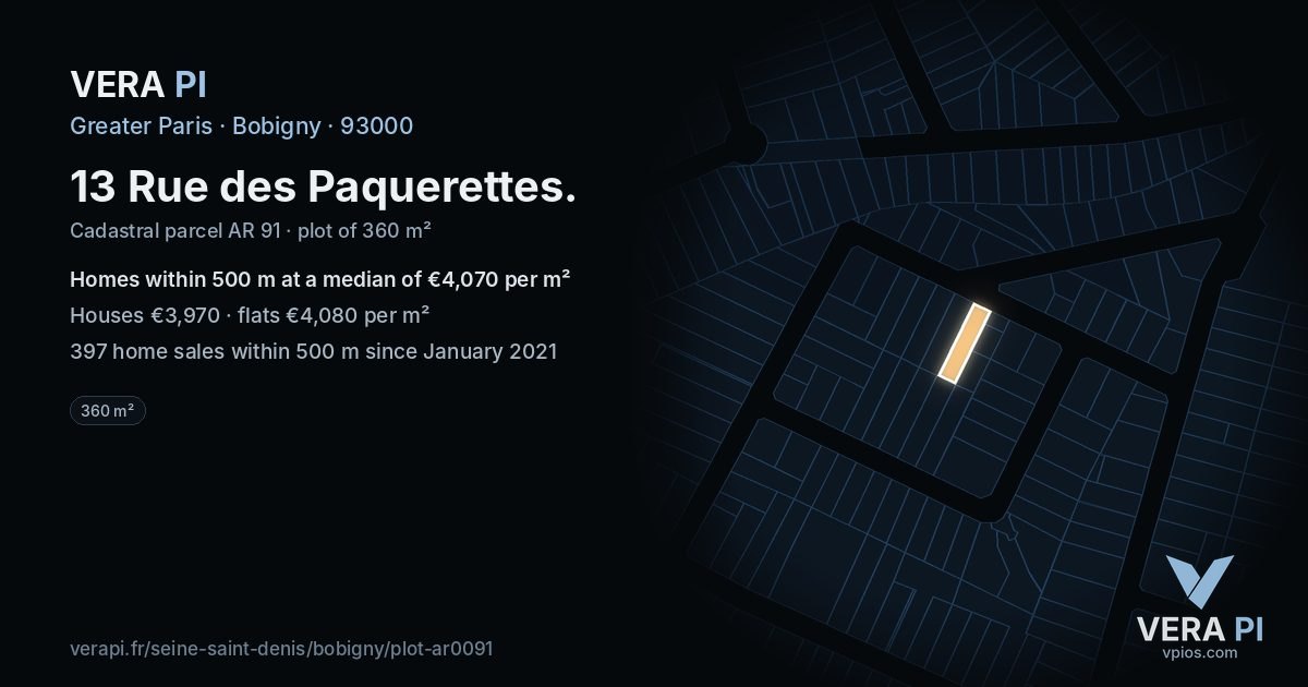 13 Rue des Paquerettes, Bobigny at night – the plot lit, the parcels around coloured by the prices near them