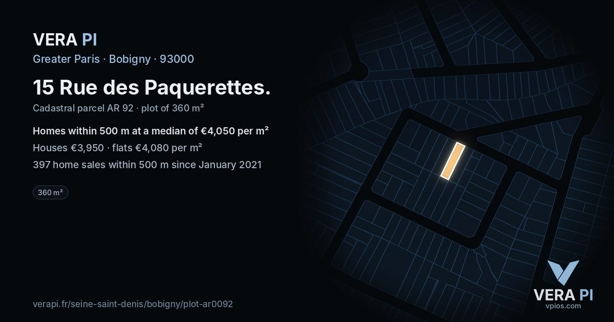 15 Rue des Paquerettes, Bobigny at night – the plot lit, the parcels around coloured by the prices near them