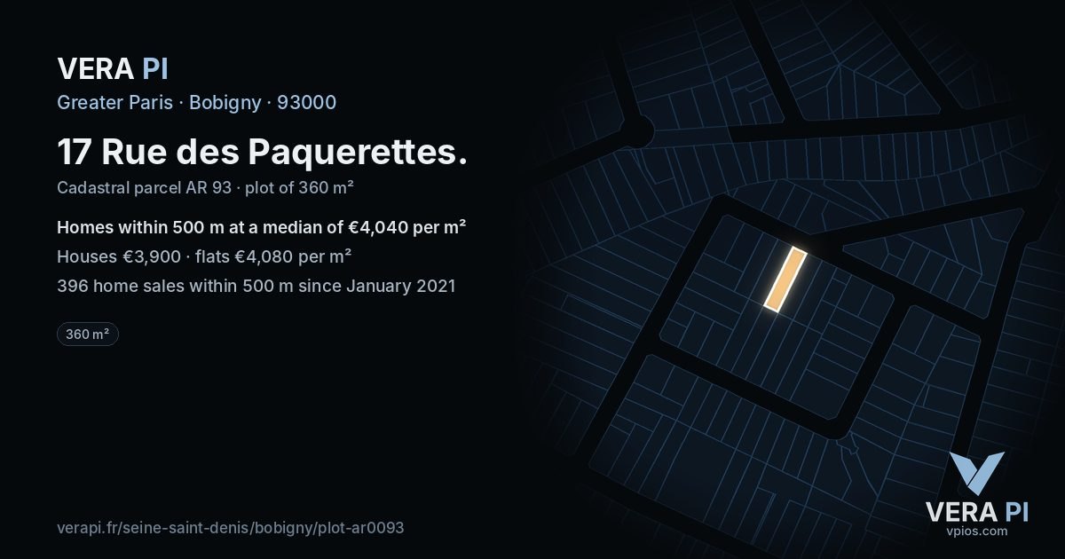 17 Rue des Paquerettes, Bobigny at night – the plot lit, the parcels around coloured by the prices near them
