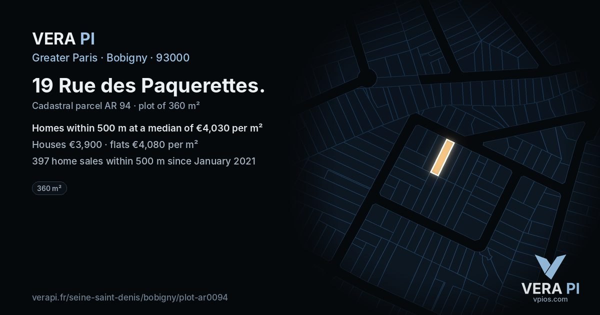 19 Rue des Paquerettes, Bobigny at night – the plot lit, the parcels around coloured by the prices near them