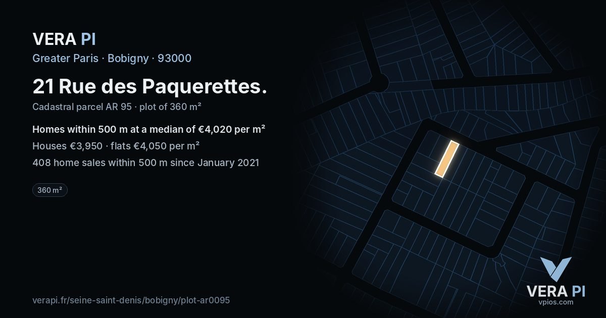 21 Rue des Paquerettes, Bobigny at night – the plot lit, the parcels around coloured by the prices near them