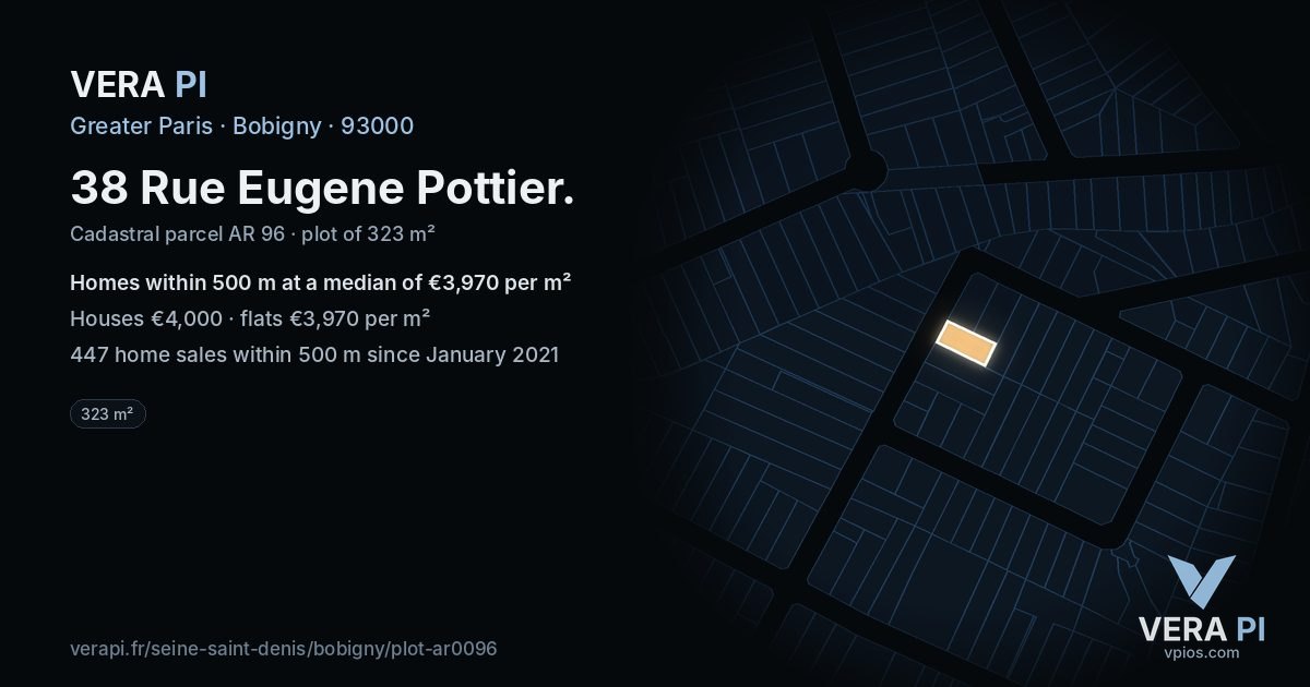 38 Rue Eugene Pottier, Bobigny at night – the plot lit, the parcels around coloured by the prices near them