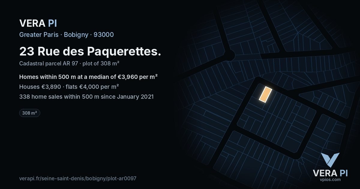 23 Rue des Paquerettes, Bobigny at night – the plot lit, the parcels around coloured by the prices near them