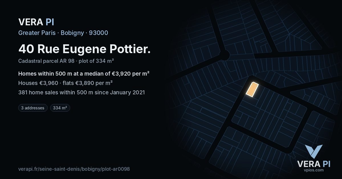 40 Rue Eugene Pottier, Bobigny at night – the plot lit, the parcels around coloured by the prices near them