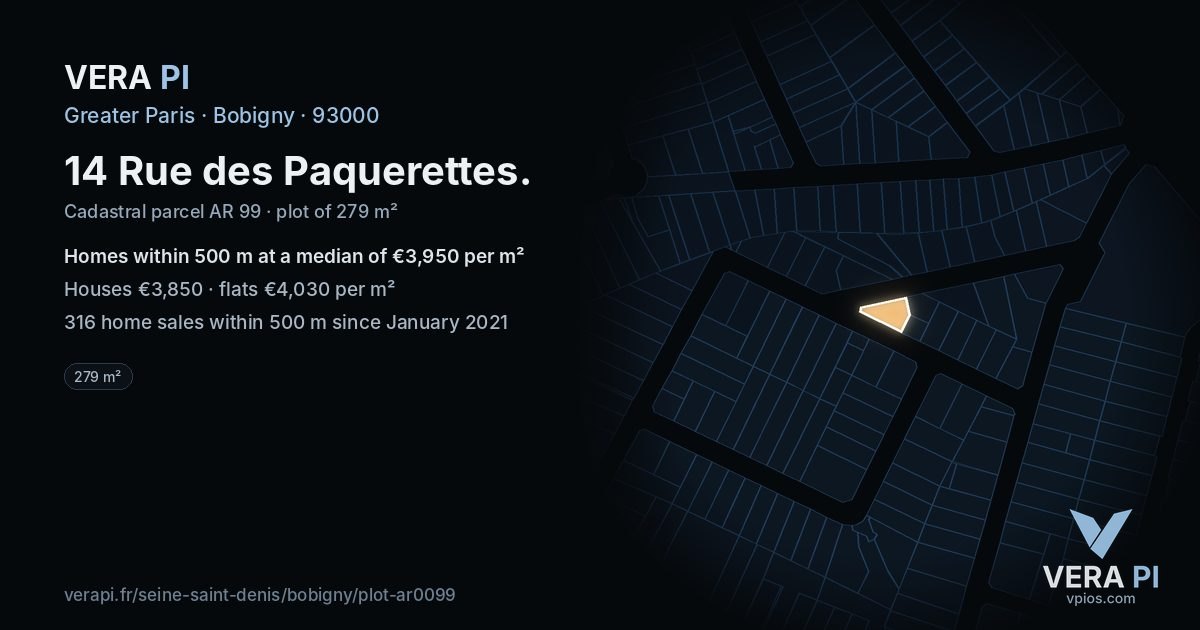 14 Rue des Paquerettes, Bobigny at night – the plot lit, the parcels around coloured by the prices near them