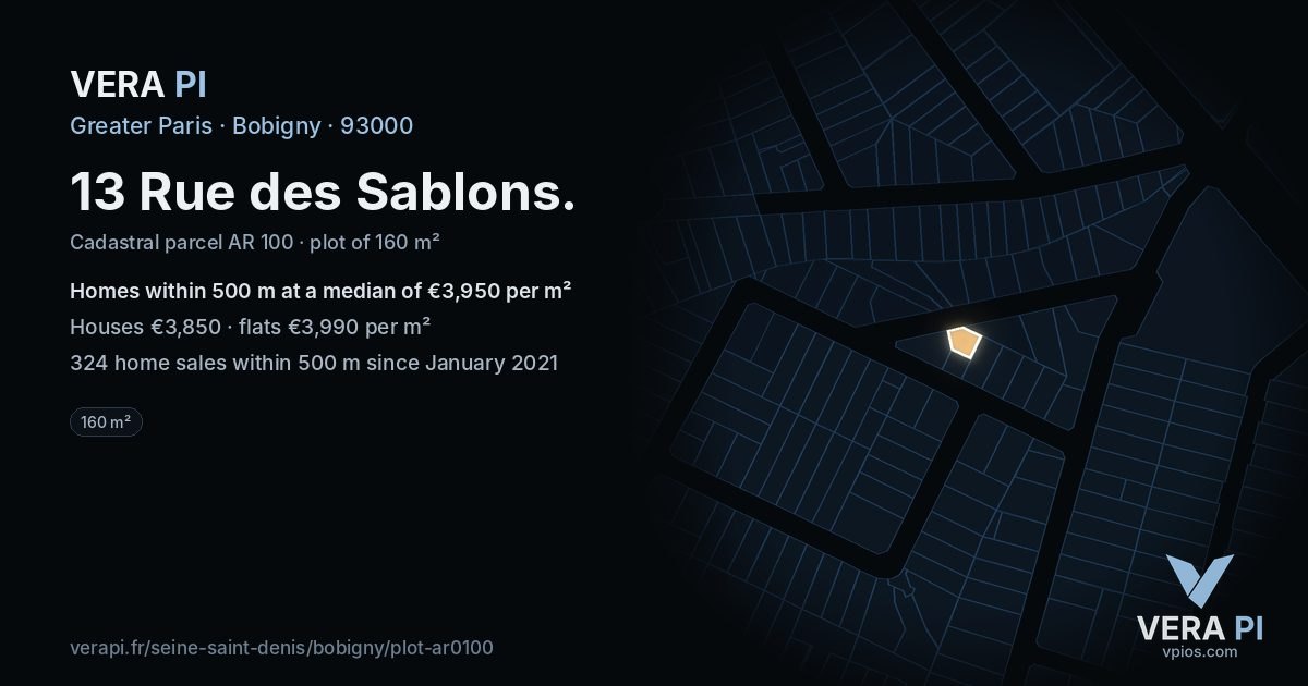13 Rue des Sablons, Bobigny at night – the plot lit, the parcels around coloured by the prices near them