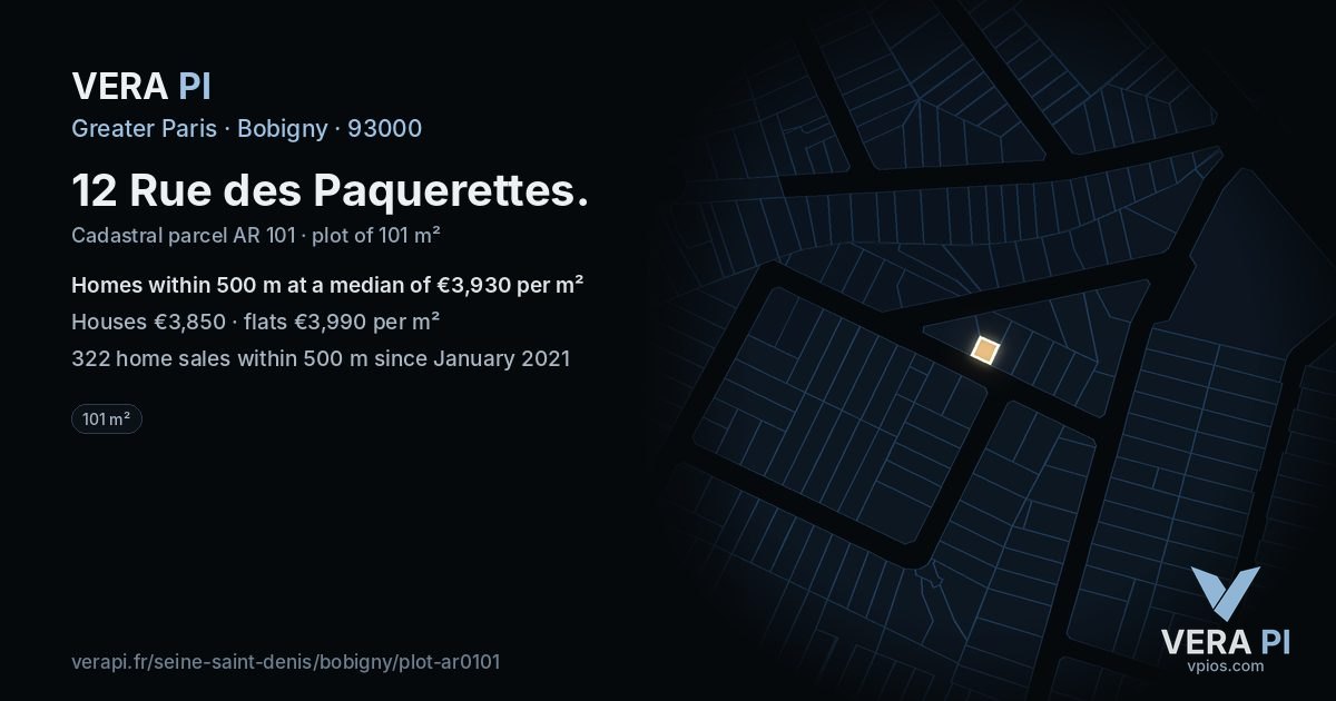 12 Rue des Paquerettes, Bobigny at night – the plot lit, the parcels around coloured by the prices near them