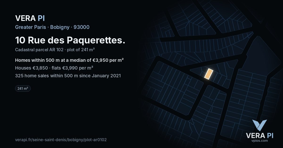 10 Rue des Paquerettes, Bobigny at night – the plot lit, the parcels around coloured by the prices near them