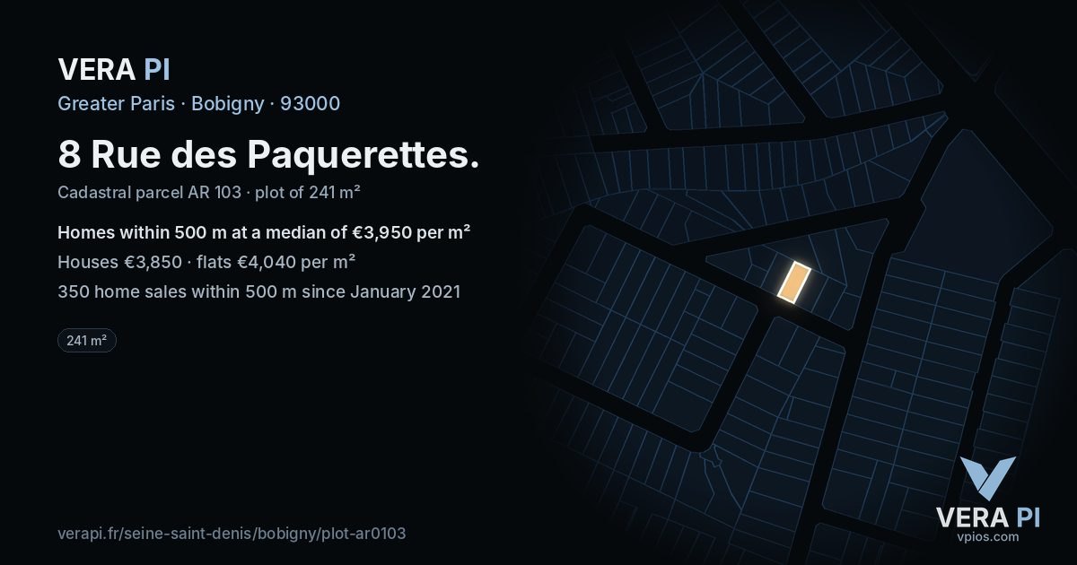 8 Rue des Paquerettes, Bobigny at night – the plot lit, the parcels around coloured by the prices near them
