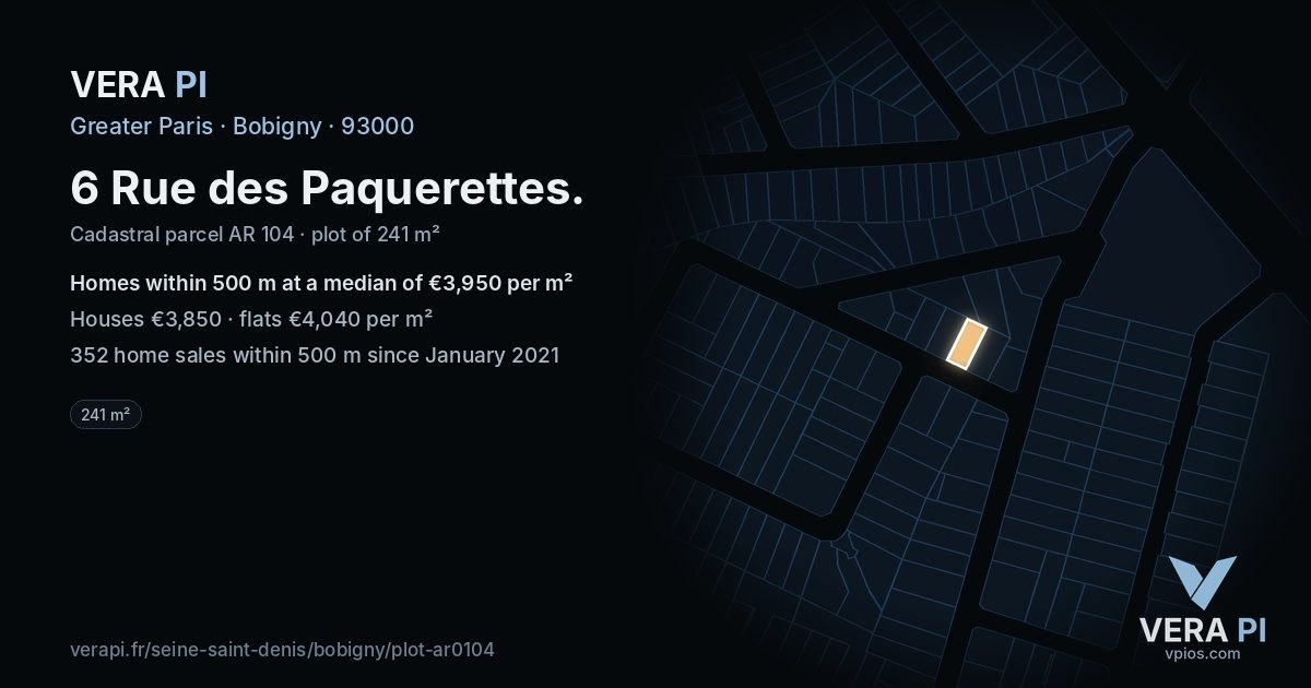 6 Rue des Paquerettes, Bobigny at night – the plot lit, the parcels around coloured by the prices near them