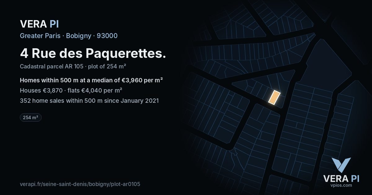 4 Rue des Paquerettes, Bobigny at night – the plot lit, the parcels around coloured by the prices near them