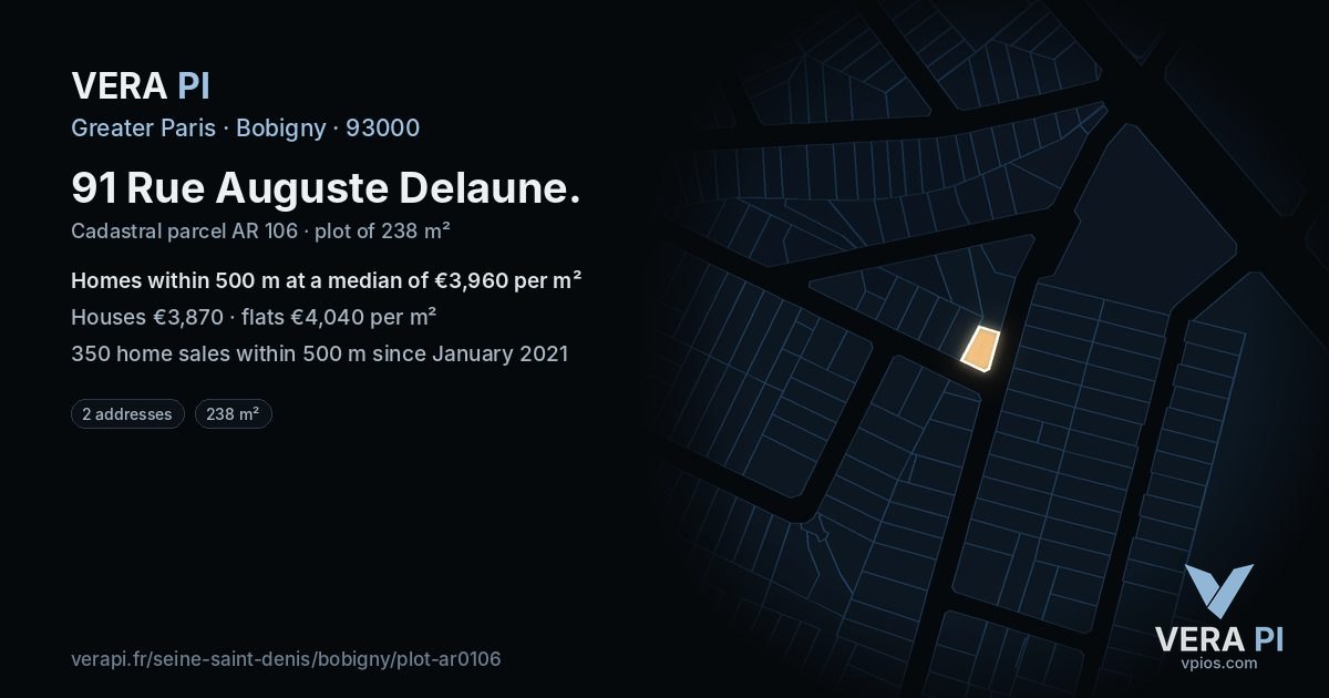 91 Rue Auguste Delaune, Bobigny at night – the plot lit, the parcels around coloured by the prices near them