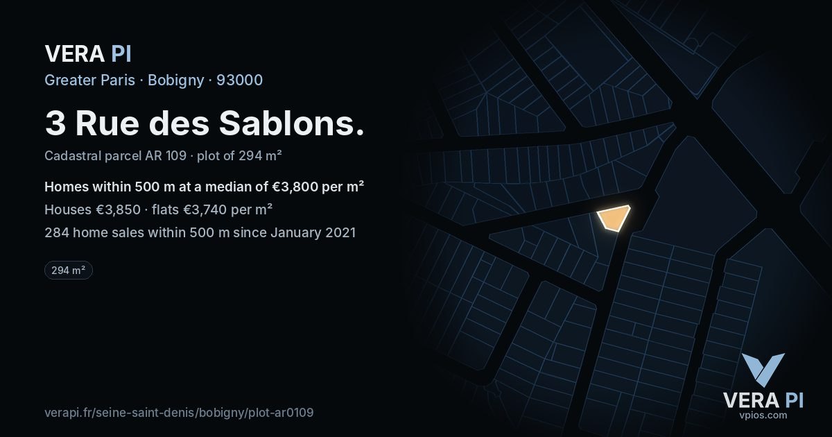 3 Rue des Sablons, Bobigny at night – the plot lit, the parcels around coloured by the prices near them