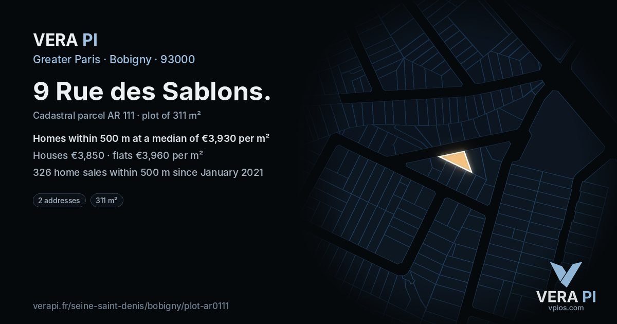 9 Rue des Sablons, Bobigny at night – the plot lit, the parcels around coloured by the prices near them