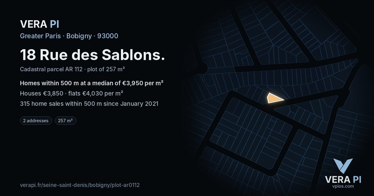 18 Rue des Sablons, Bobigny at night – the plot lit, the parcels around coloured by the prices near them