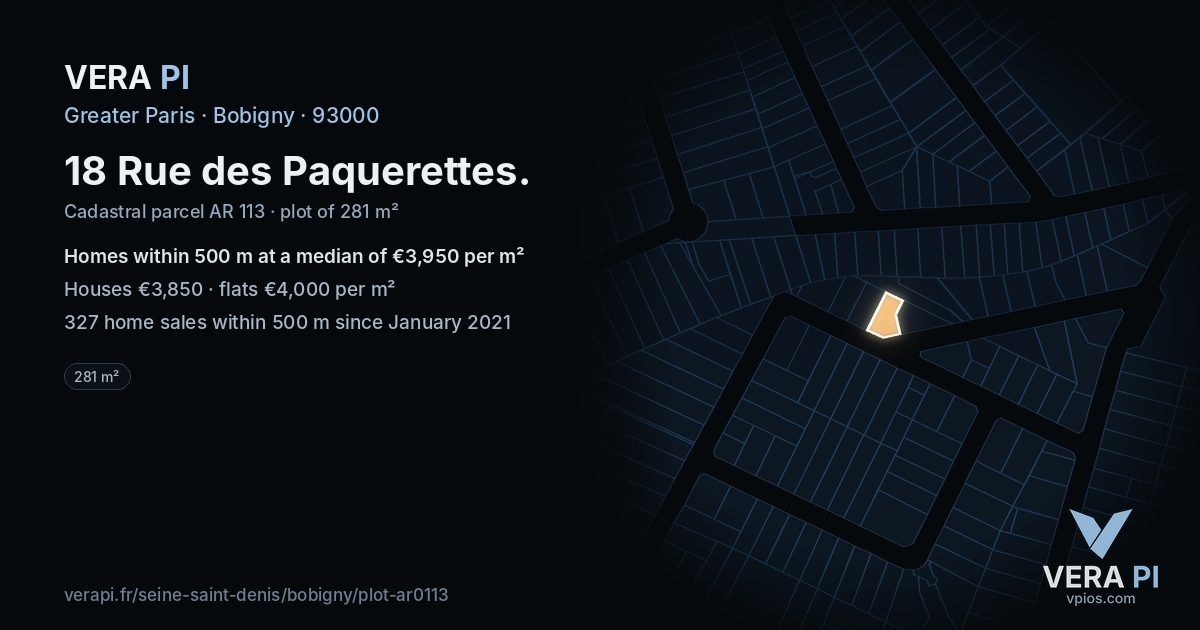 18 Rue des Paquerettes, Bobigny at night – the plot lit, the parcels around coloured by the prices near them